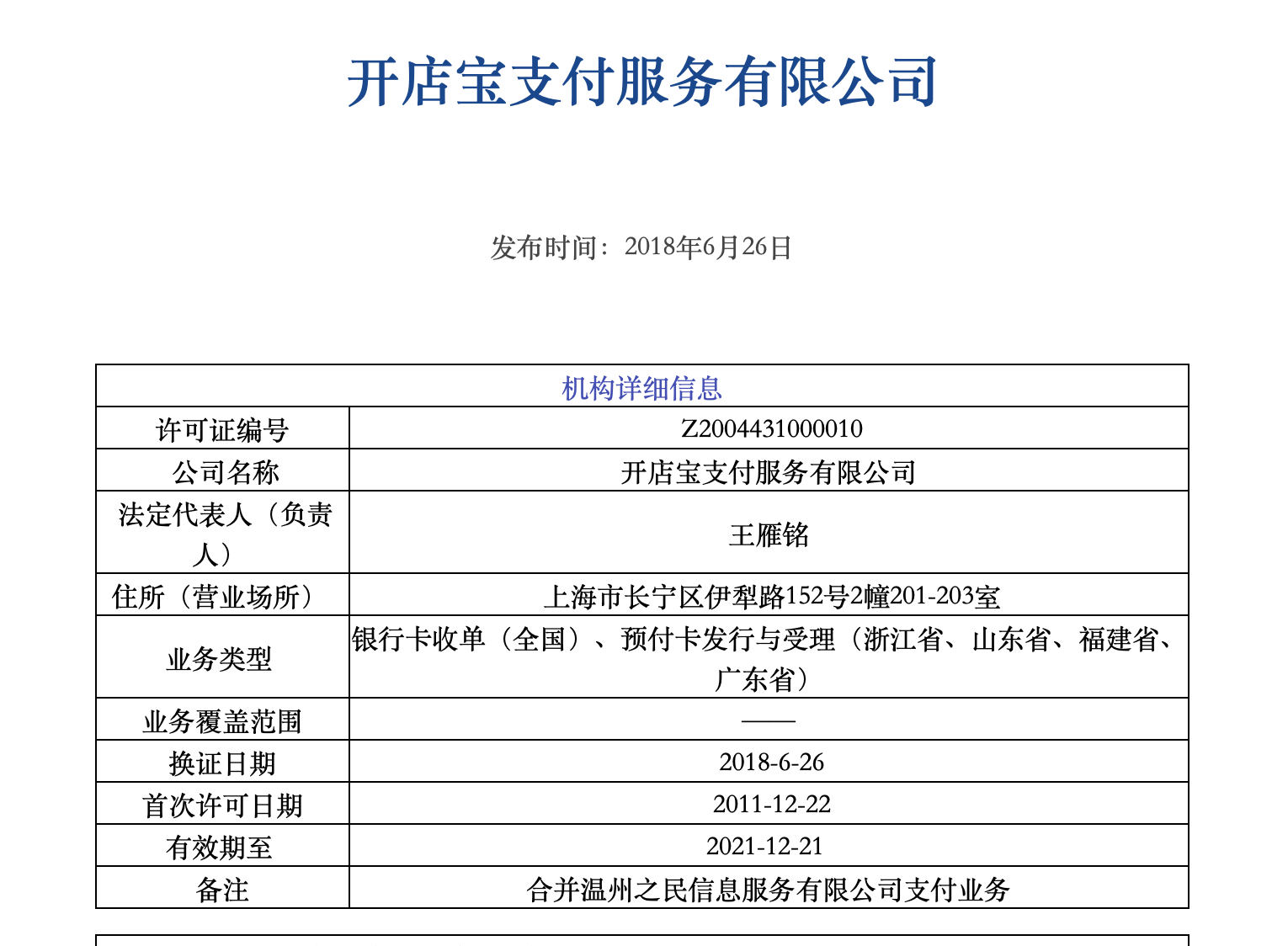 开赚宝POS机央行公示页面